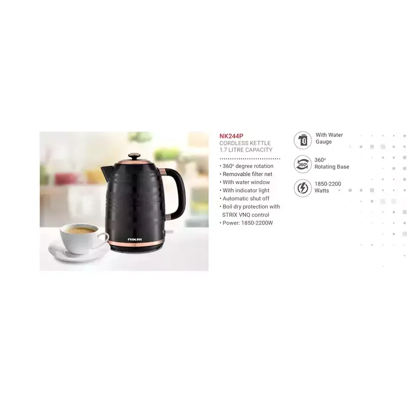 Nikai Jug Kettle 1.7L Plastic With Water Guage 2200W NK244P Automatic Shut Off Boil Dry Protection With Indicator Light Removable Filter Net