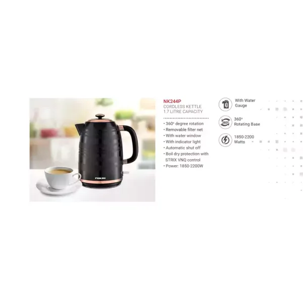 Nikai Jug Kettle 1.7L Plastic With Water Guage 2200W NK244P Automatic Shut Off Boil Dry Protection With Indicator Light Removable Filter Net