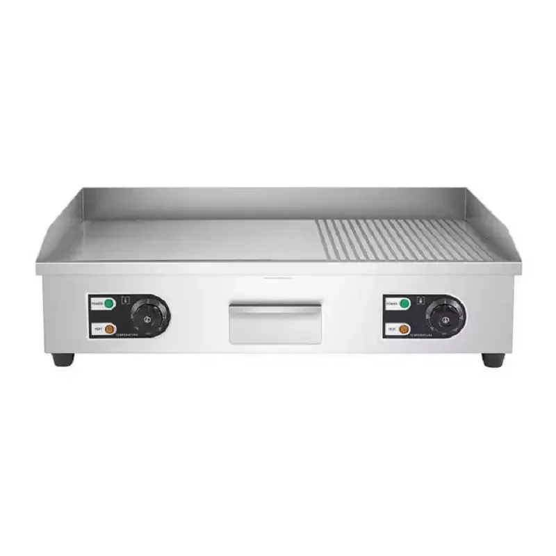 Commercial Electric Half Grooved Half Flat Griddle, Dual-Zone 4.4kW Large Combination Grill, Professional Stainless Steel Countertop Griddle WG-822