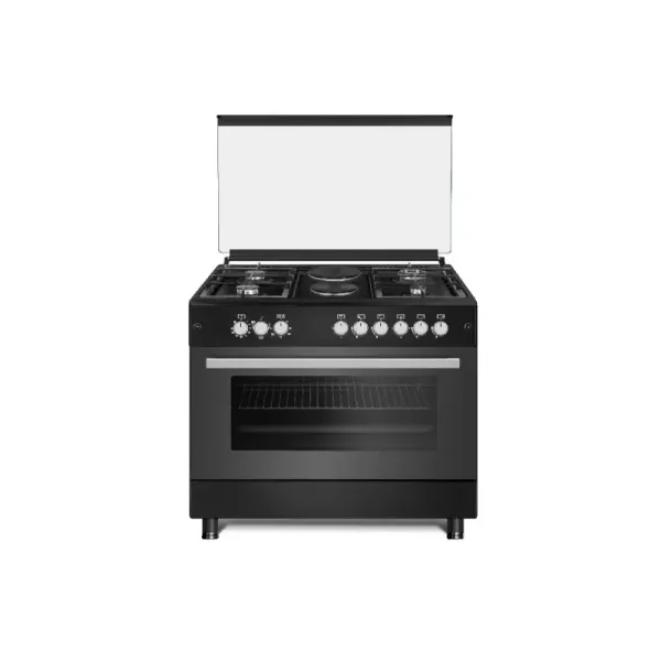 EvoQ Freestanding Cooker 90 x 60cm, 4 Gas + 2 Electric Burners Euro Pool Burners, Cast Iron Grid, Turbo Fan, Dish Warmer, Mechanical Timer EC - 9642EO.BFW