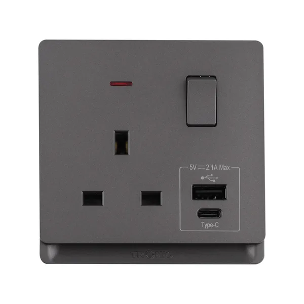 Tronic 13A Single Socket with USB & Type-C - Grey