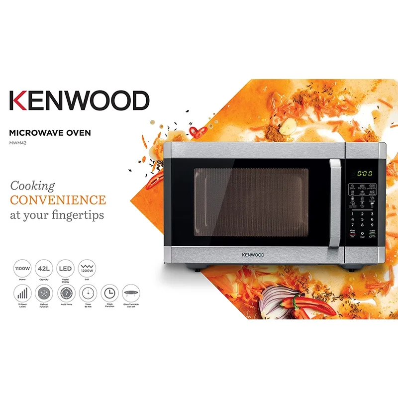 Kenwood Microwave 42l Digital 11 Power Levels 1100w Mwm42.000bk - 99 Mins Timer Defrost Settings Glass Turntable 34.5Cm Pull Handle Door
