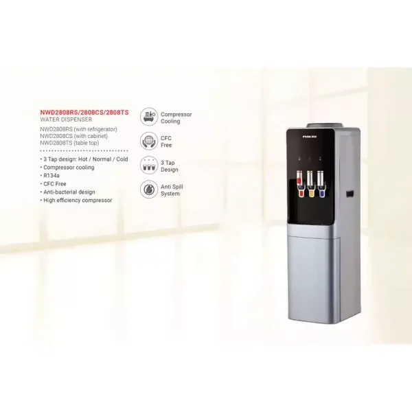 Nikai Water Dispenser 3 Taps Top Load With Refrigerator NWD2808RS 3 Taps Hot Normal And Cold Compressor Cooling Steel Tank Anti Bacterial Design