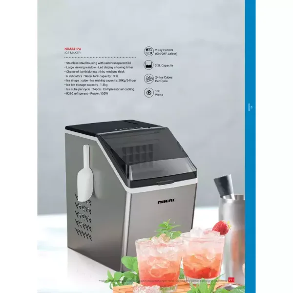 Nikai Ice Maker 3.2L Tank 24 Ice Cubes Per Cycle 1.3Kg Ice Bin Storage 130W NIM3412A Stainless Steel Housing With Semi Transparent Lid Large Viewing Window Led Display Showing Timer
