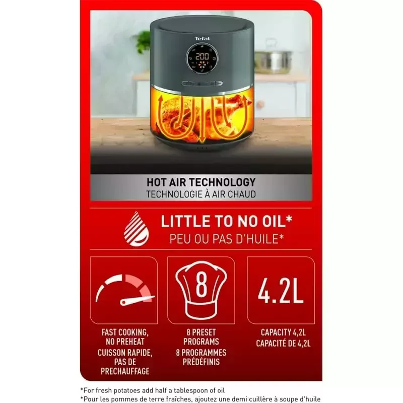 Tefal Air Fryer Digital 4.2L, 500W, 8 Preset Programs, Fast No-Preheat Cooking, Up to 200°C Temperature Control EY111B40