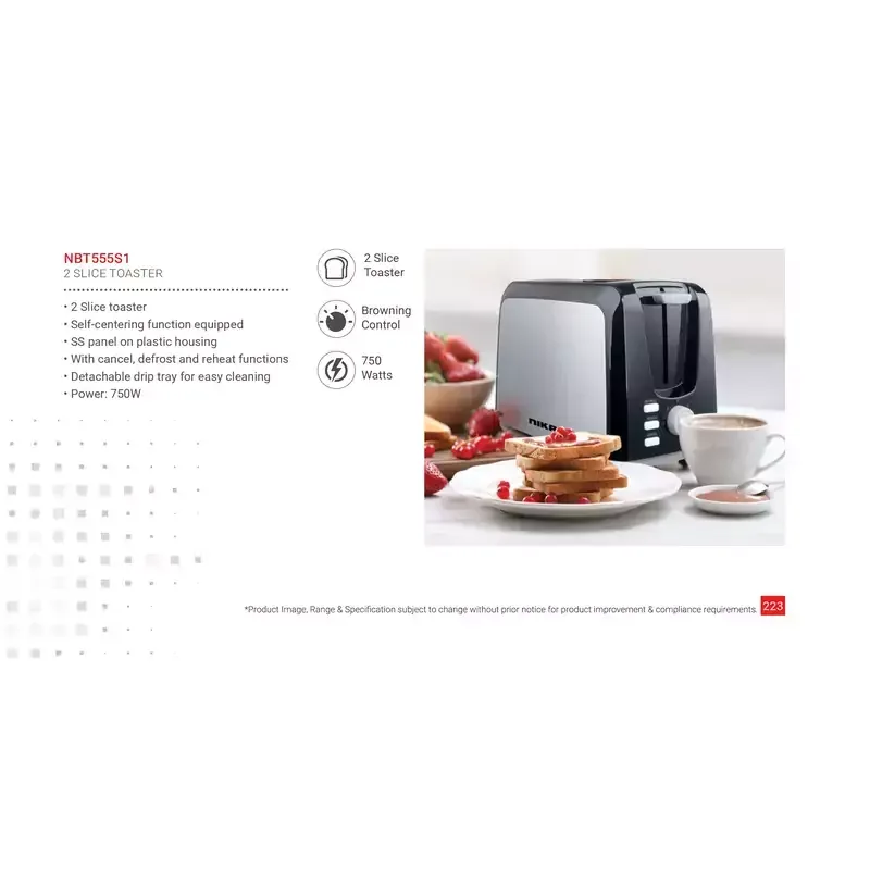 Nikai Toaster 2 Slice Browning Control 750W NBT555S1 Stainless Steel Panel On Plastic Housing With Cancel, Defrost And Reheat Functions Detachable Drip Tray