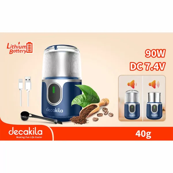 Decakila Coffee Grinder Cordless Stainless Steel Grind Blade 90w Kmcf022l safe lid protect stainless steel inner liner with usb charging line and 2 in 1 spoon and brush