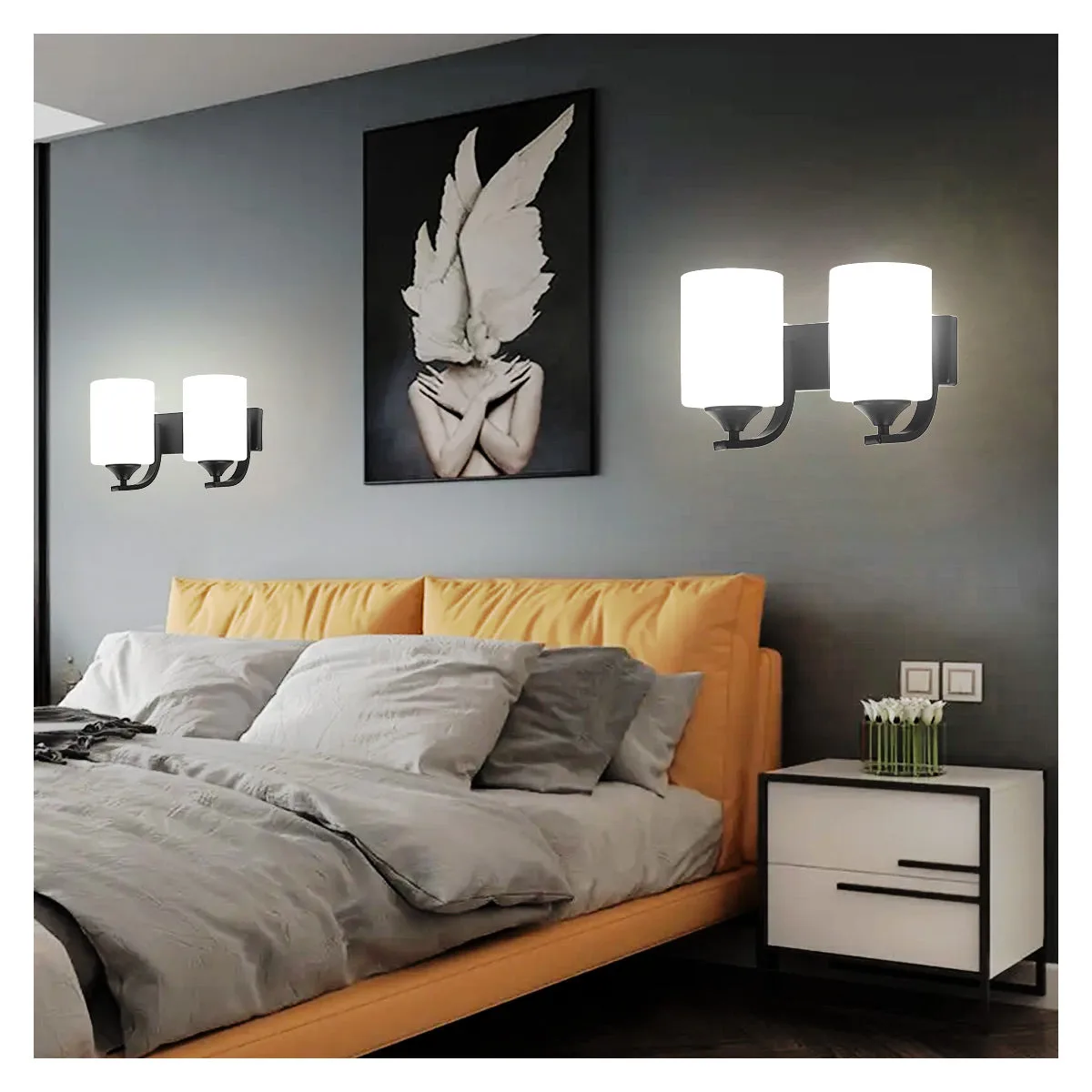 Tronic Modern Double Wall Light With Frosted Glass Shades and Black Metal Finish