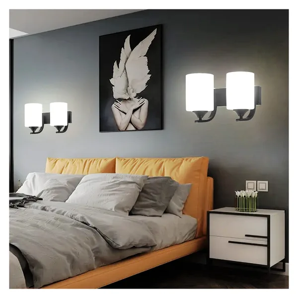 Tronic Modern Double Wall Light With Frosted Glass Shades and Black Metal Finish
