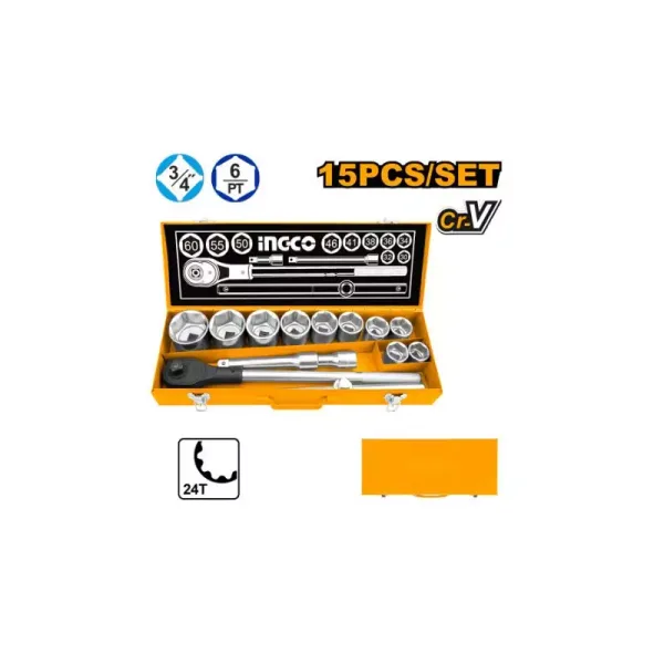 Ingco 15pcs 3/4" Socket Set with Cr-V Material, Heat Treated, Chromed Plated HKTS034151
