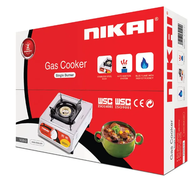 Nikai Gas Cooker 1 Burner Steel NG843 Stainless Steel Auto Function Blue Flame
