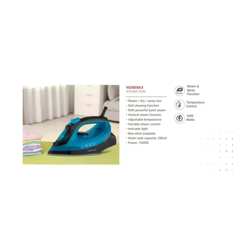 Nikai Steam Iron 280ml Tank Dry and Spray Function 1600w NSI858AX Temperature Control Non Stick Sole Plate Vertical Steam Function Indicator Light Powerful Burst System