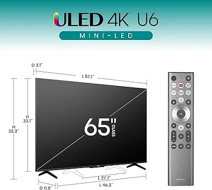 Hisense 65" ULED 4K Smart TV - Mini-LED, Dolby Vision HDR 10+, Dolby Atmos, Voice Control, Google TV, 65U6N-PRO.