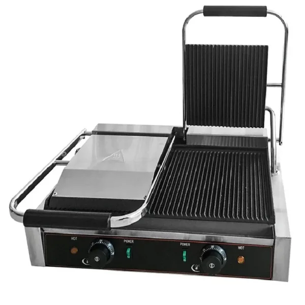 Commercial Electric Contact Grill, All-Grooved Cast Iron Plates, Professional Stainless Steel Panini Press HEG-813