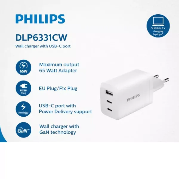 Philips Wall Charger 65W with GaN & PD Technology, Quick Charge, USB C & USB A Ports DLP6331CW/05