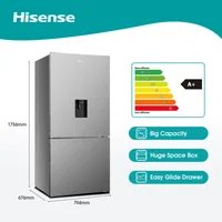 Hisense Refrigerator 463L, Double Door Bottom Freezer, Water Dispenser, Precise Temperature Control, A+ Energy Saving H610BS-WD