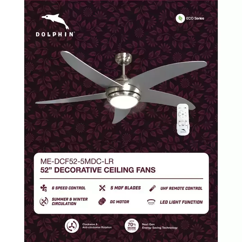 Dolphin Ceiling Fan 52" 5 MDF Blades 6 Speed Decorative LED Light Next Gen Energy Saving Technology UFH Remote Control ME-DCF52-5MDC-LR