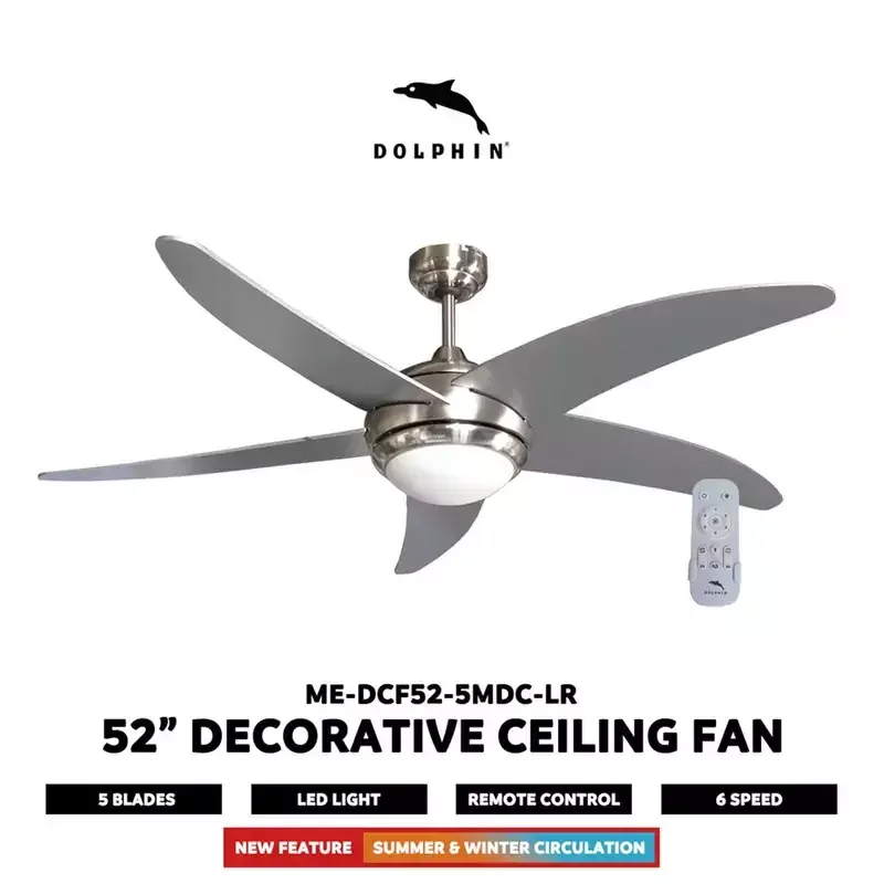 Dolphin Ceiling Fan 52" 5 MDF Blades 6 Speed Decorative LED Light Next Gen Energy Saving Technology UFH Remote Control ME-DCF52-5MDC-LR