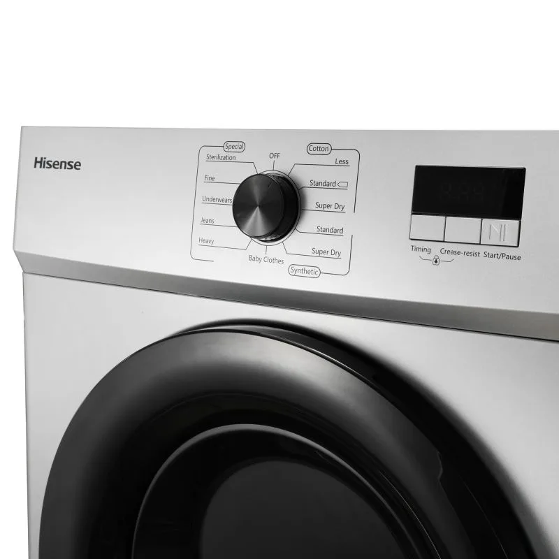 Hisense Dryer 8kg, Front Load, Fuzzy Control, LED Display, Double Water Inlets, Power Off Memory, Stainless-Steel Tub, Crease-Resist, Silver DV1W801UT