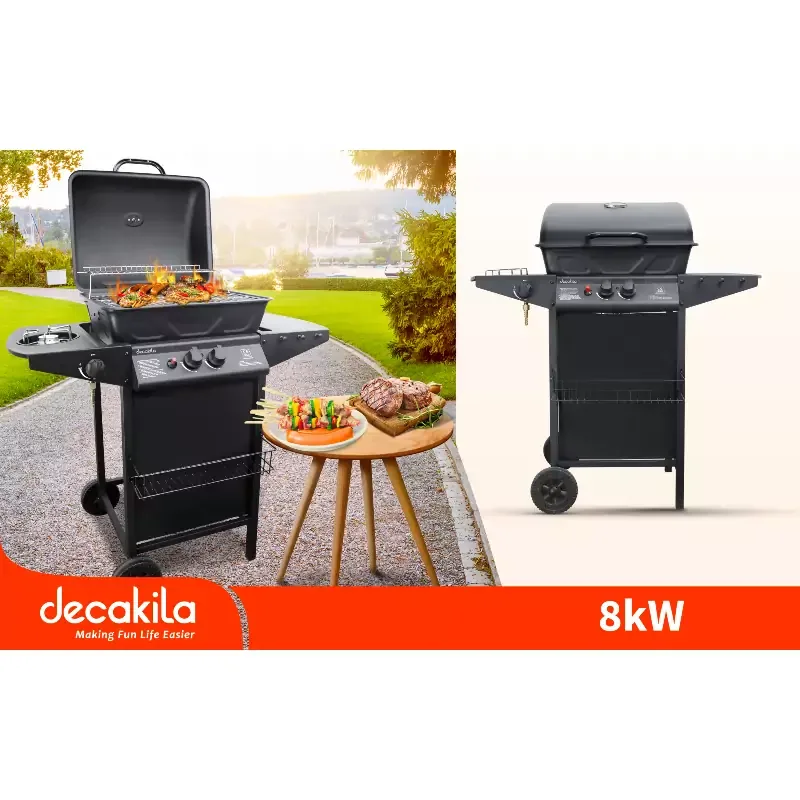Decakila Barbeque Grill Gas Stainless Steel 8kw Burner Kmgs005b 48.5x37.5cm aluminium valve wire support warming rack piezo ignition with thermometer