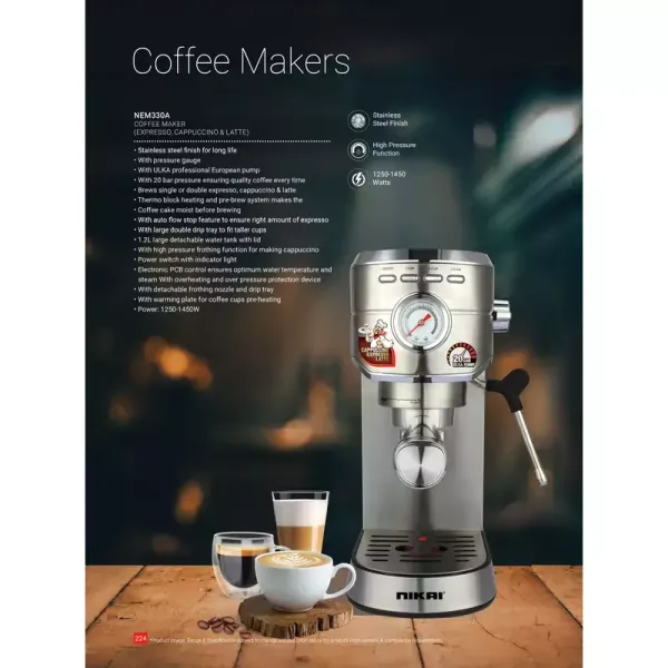 Nikai Coffee Machine 1.2L Water Tank Manual 1450W NEM330A High Pressure Frothing Function With Warming Plate And 20 Bar Pressure Pump