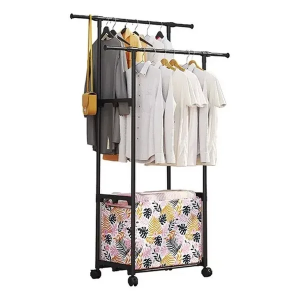 Double Bar Movable Coat Rack with Laundry Basket - JHC2341L