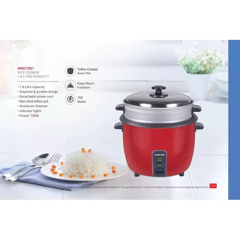Nikai Rice Cooker 1.8L Keep Warm Function Teflon Coated Inner Pot 700W NR672N1 Aluminum Steamer Detachable Power Cord Indicator Lights