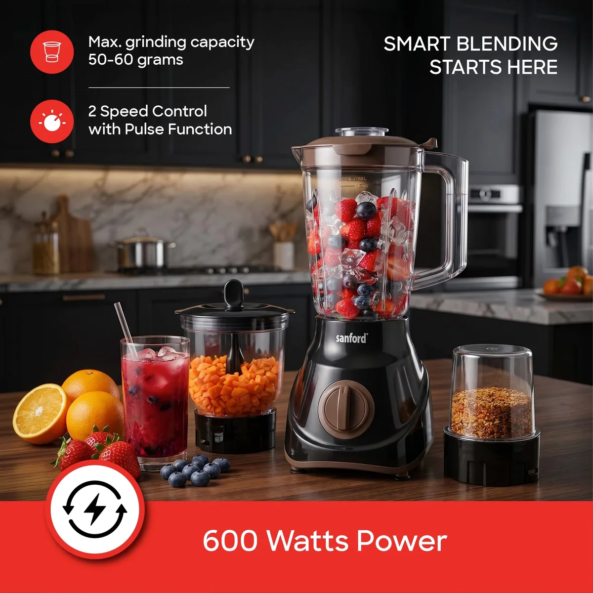 Sanford 3In1 Blender 1.5L Unbreakable Jar 600W - SF6809BR