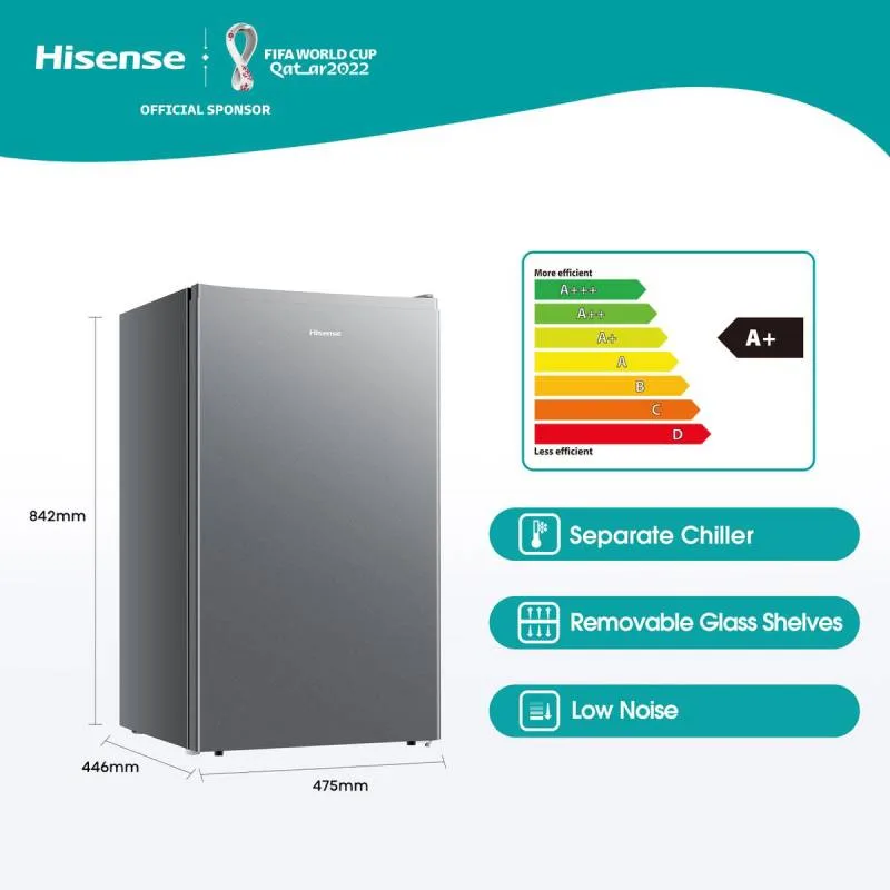 Hisense Refrigerator 90L Single Door, Reversible Door, Chiller Compartment, Tempered Glass Shelves, Low Noise, Titanium Silver H125RTS