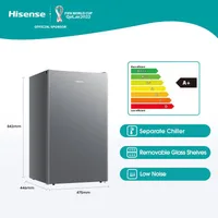 Hisense Refrigerator 90L Single Door, Reversible Door, Chiller Compartment, Tempered Glass Shelves, Low Noise, Titanium Silver H125RTS