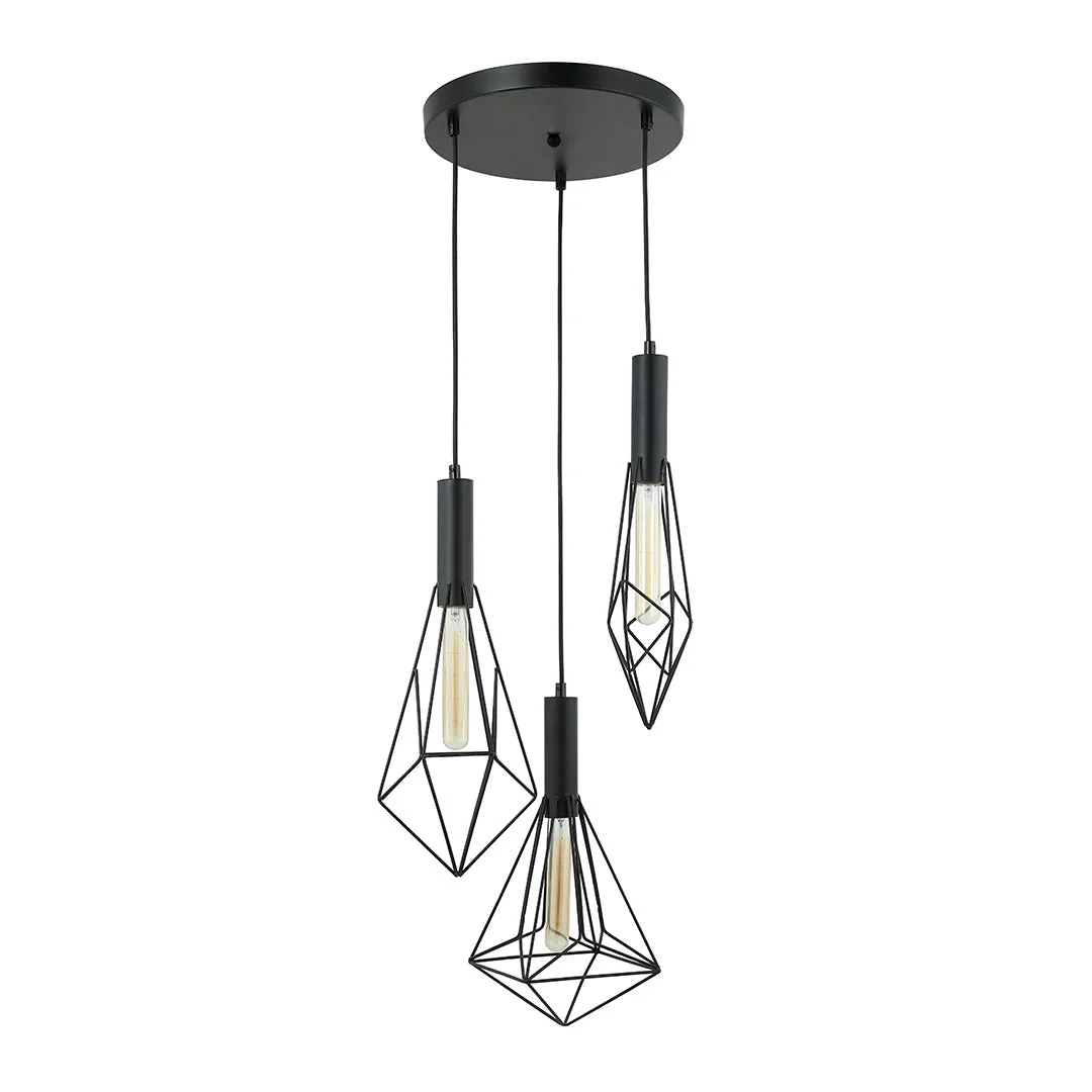Tronic 3-Light Pendant Lamp - Black/White Finish, E27 Base, Geometric Cage Design