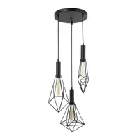 Tronic 3-Light Pendant Lamp - Black/White Finish, E27 Base, Geometric Cage Design