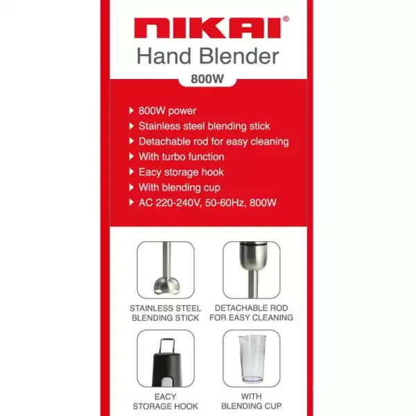 Nikai Hand Blender 600Ml With Cup Stainless Steel Blending Stick 800W Nh8881X Detachable Rod With Blending Cup Easy Storage Hook With Turbo Function