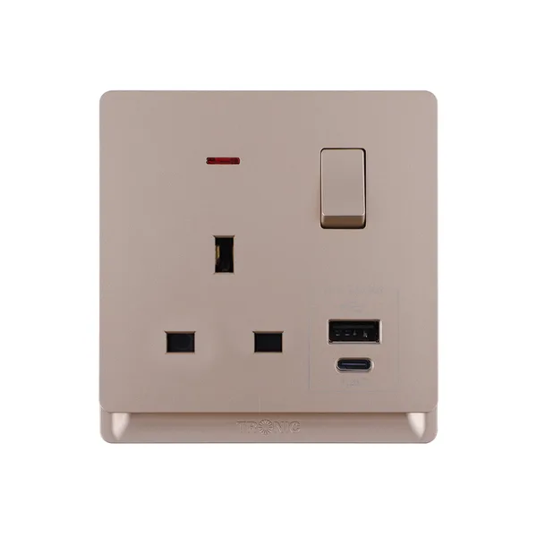 Tronic 13A Switched Socket with Dual USB Ports - Type A & C, Gold Finish