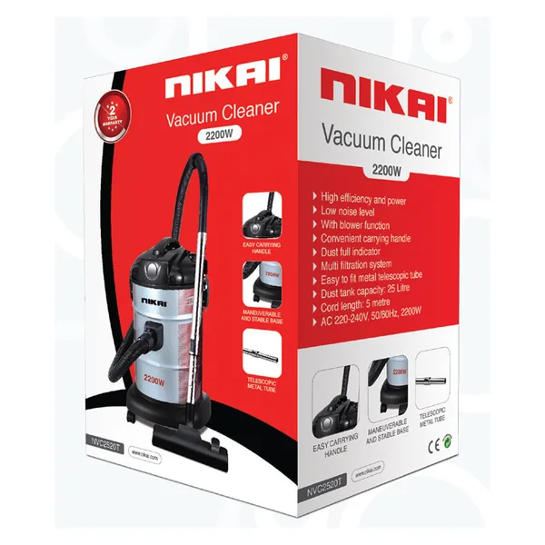 Nikai Vacuum Cleaner 25L Drum With Blower Function 2200W NVC2520T Metal Telescopic Tube High Efficiency And Power Dust Full Indicator 5M Cord Length Multi Filtration System