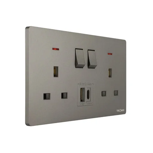 Tronic Grey - Twin Switch Socket with USB + Type C