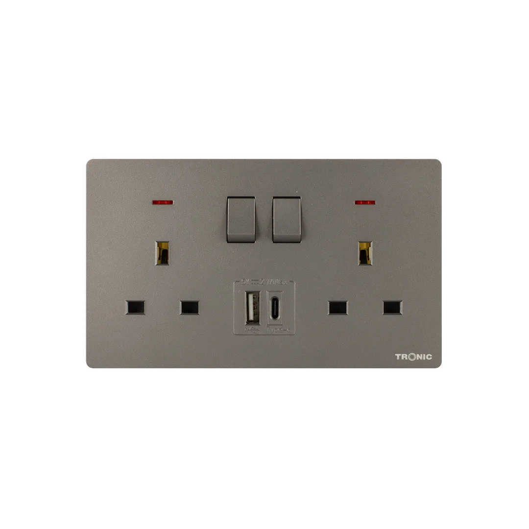 Tronic Grey - Twin Switch Socket with USB + Type C