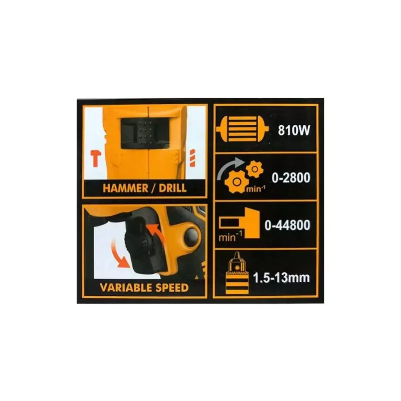 Ingco Impact Drill 810W with Variable Speed Control, Hammer Function ID8108