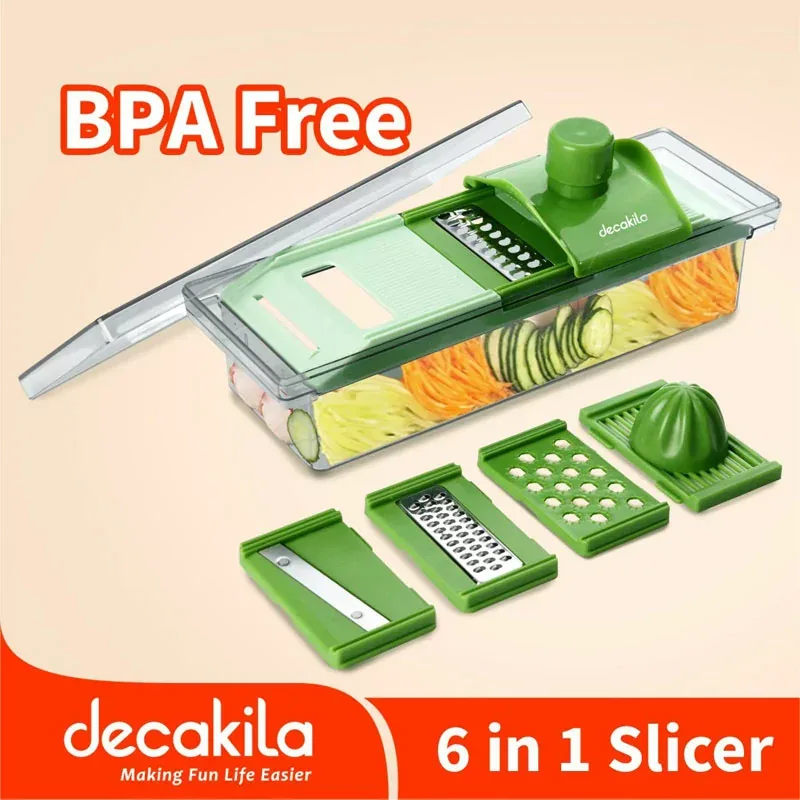 Decakila Manual Vegetable Grater 6in1 - SS Blade Easy to Use, Safety Design, Veggie Chopper, Onion Chopper, Vegetable Chopper with Container, Mandoline Slicer KMTT083W