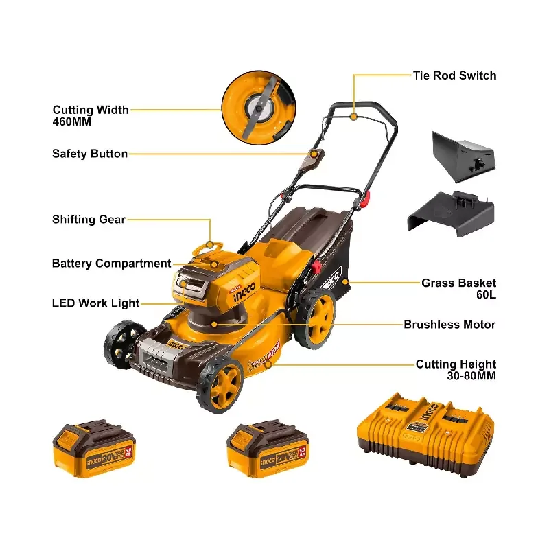 Ingco Cordless Lawn Mower 40V with Brushless Motor, 60L Bag Capacity, 3 Functions, Battery & Charger LMLI20186
