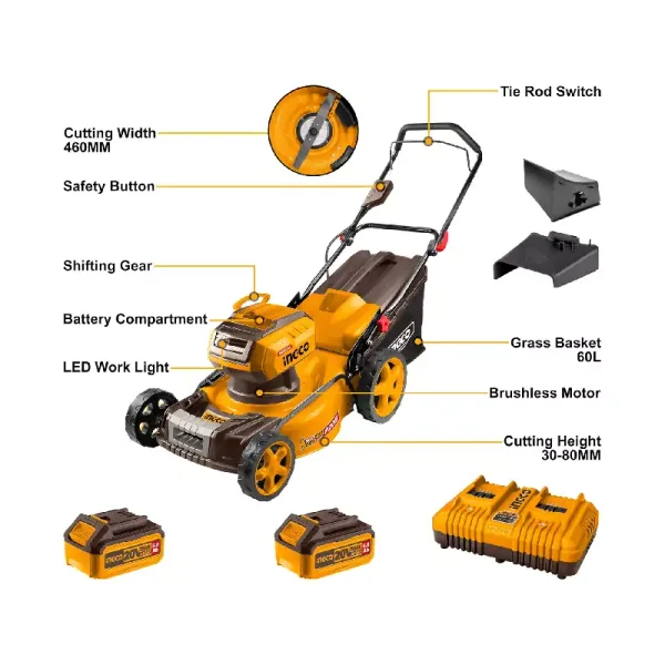Ingco Cordless Lawn Mower 40V with Brushless Motor, 60L Bag Capacity, 3 Functions, Battery & Charger LMLI20186