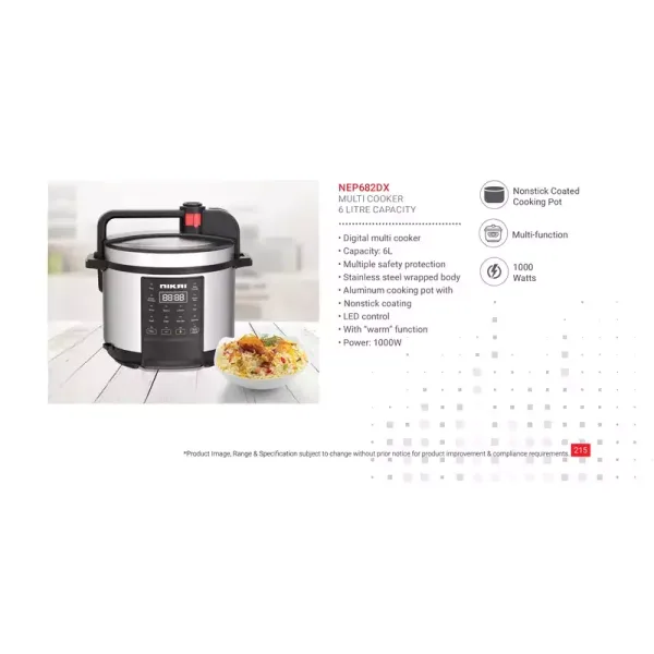 Nikai Pressure Cooker Electric 6L Digital Multi Functional Cooker 1000W NEP682DX Aluminum Cooking Pot With Non Stick Coating Stainless Steel Wraped Body With Warm Function