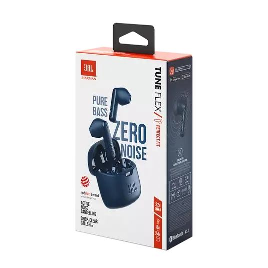 JBL Earphones, True Wireless Noise Cancelling in Earphones Black, Blue, up to 32 Hours of Battery Life, Water Resistant IPX4, 32rs, Water-Resistant & Sweatproof, Max Playtime TUNE FLEX BLK/BLU