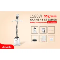 Decakila Garment Steamer 1400ml Tank Suit Hanger 1580w Keen005w comes with cloth hanger, hook, pants clip, fur brush, glove, telescopic pole and iron brush