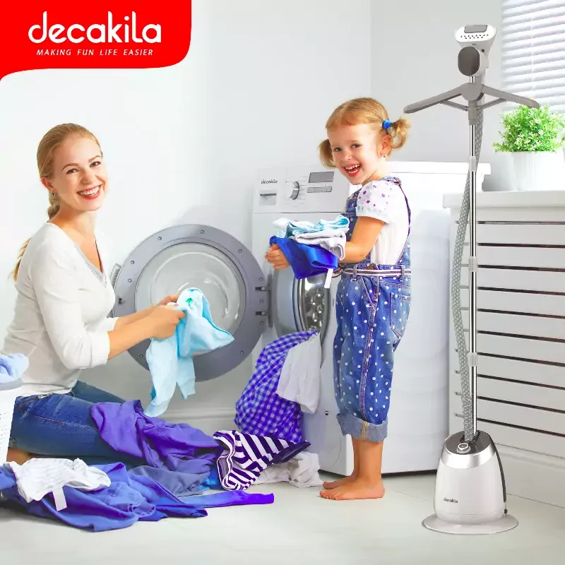 Decakila Garment Steamer 1400ml Tank Suit Hanger 1580w Keen005w comes with cloth hanger, hook, pants clip, fur brush, glove, telescopic pole and iron brush