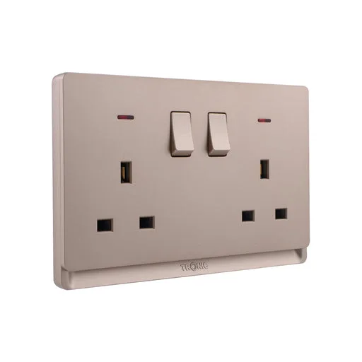 Tronic Gold 2-Gang Switched Socket with Neon - Single Pole