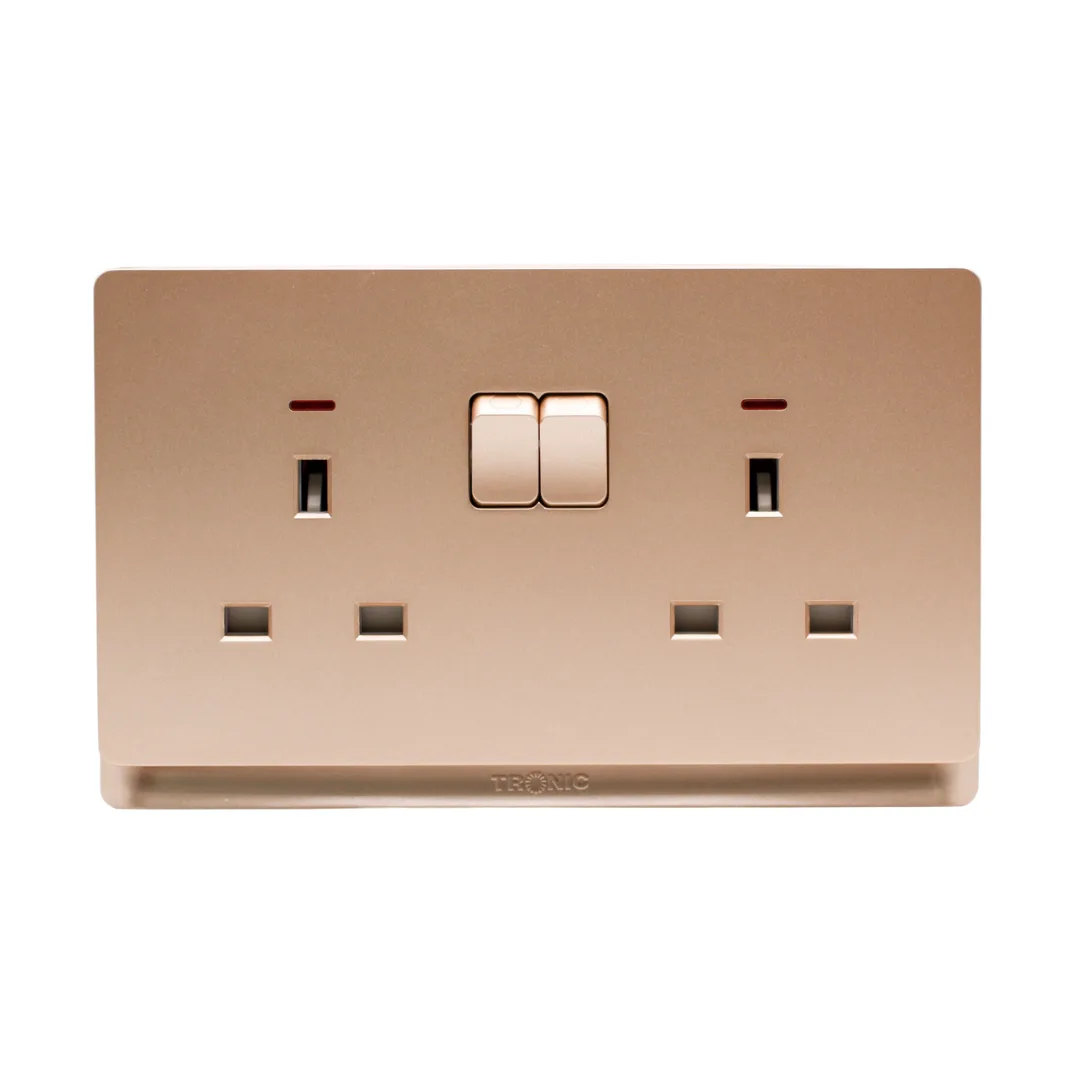 Tronic Gold 2-Gang Switched Socket with Neon - Single Pole