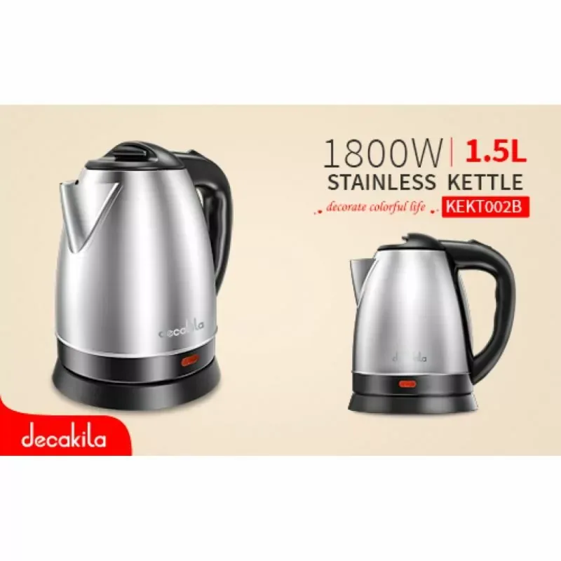 Decakila Jug Kettle 1.5l Steel with Water Guage 1800w Kekt002b boil dry protection with indicator light cord storage and anti slip feet design