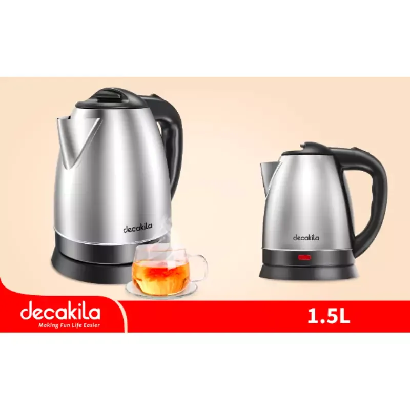 Decakila Jug Kettle 1.5l Steel with Water Guage 1800w Kekt002b boil dry protection with indicator light cord storage and anti slip feet design