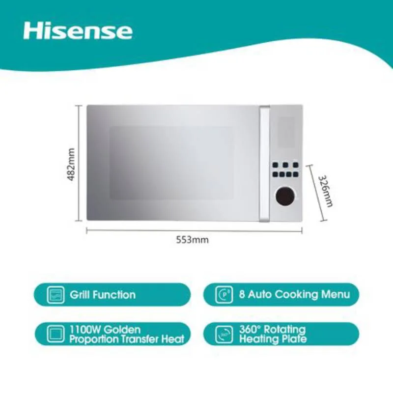 Hisense Microwave 45L Solo Digital with Grill, 5 Power Levels, 8 Auto Menus, 360° Rotating Plate, Safety Lock, Black Mirror H45MOMK9